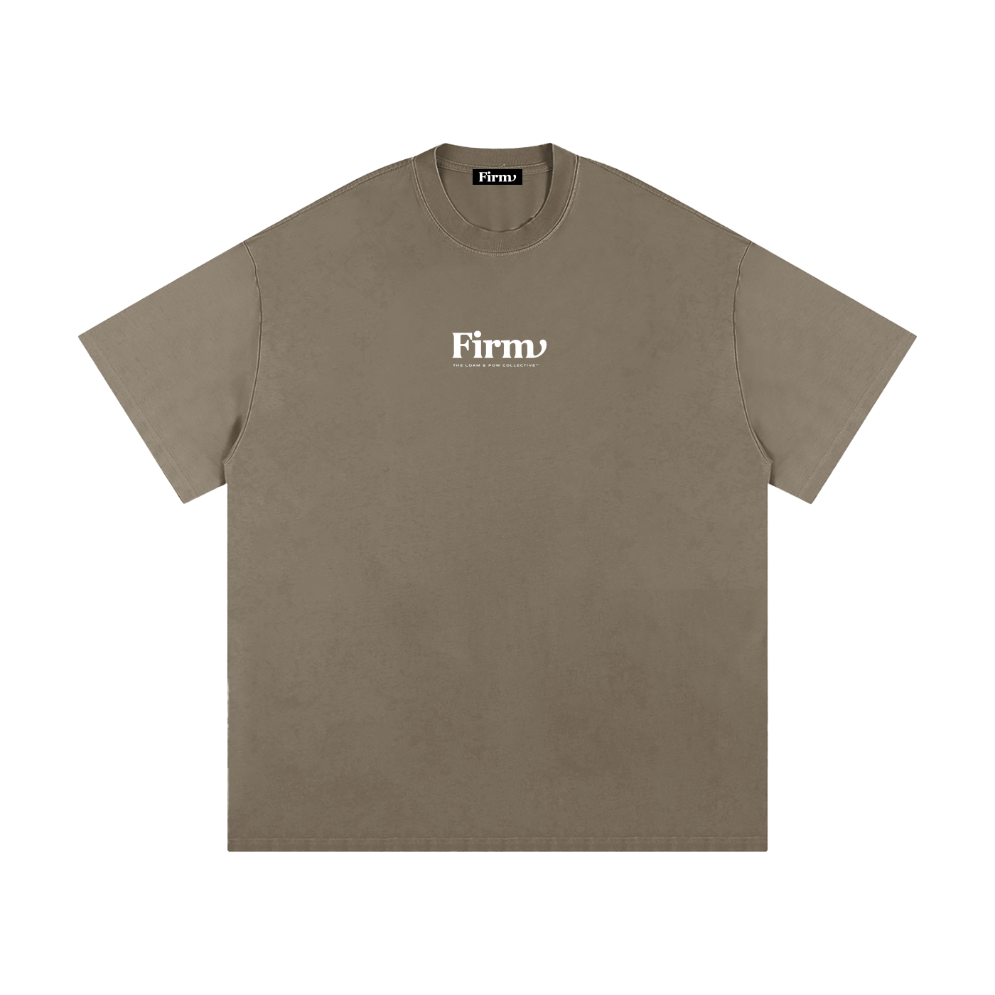 Brown t-shirt with 'Firm' logo on a white background
