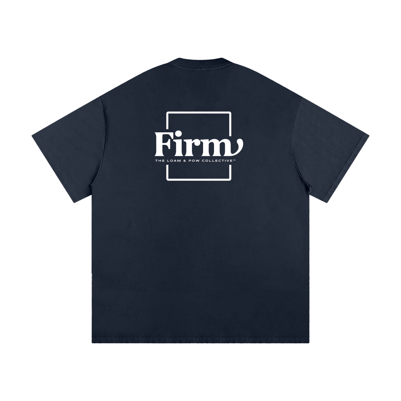 Navy blue t-shirt with 'Firm' logo on the back against a white background