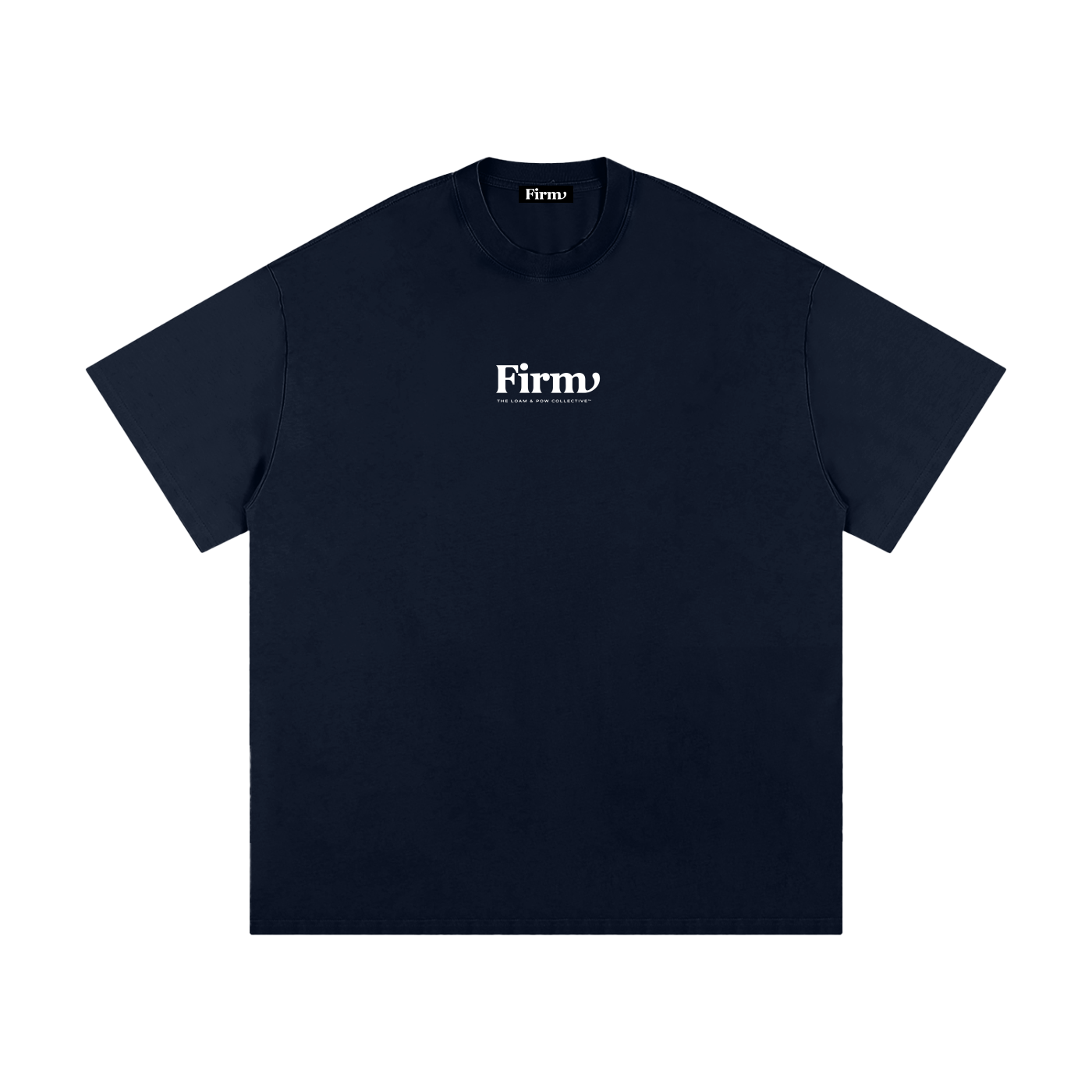 Black t-shirt with 'Firm' logo on a white background