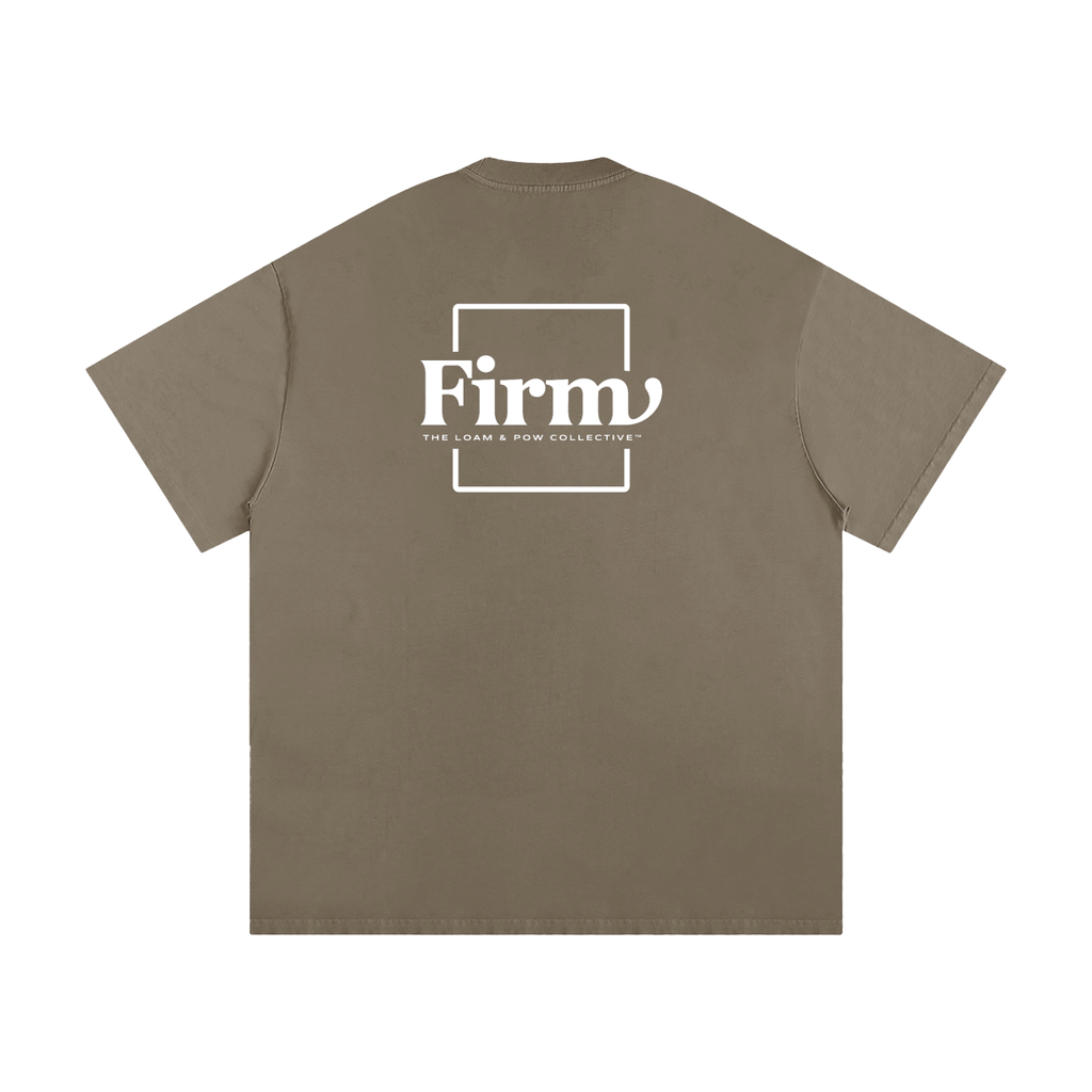Brown t-shirt with 'Firm' logo on the back against a white background
