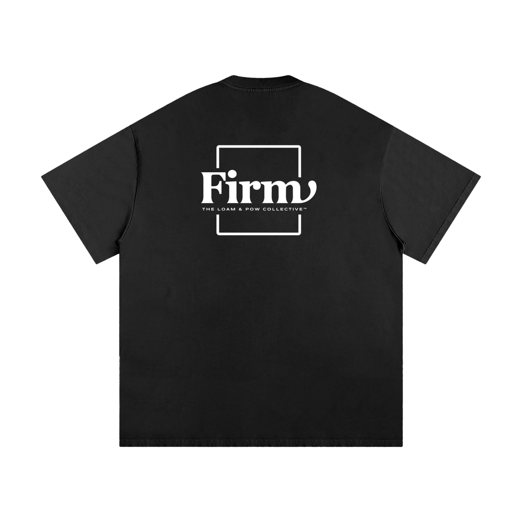 Black t-shirt with 'Firm' logo on the back against a white background