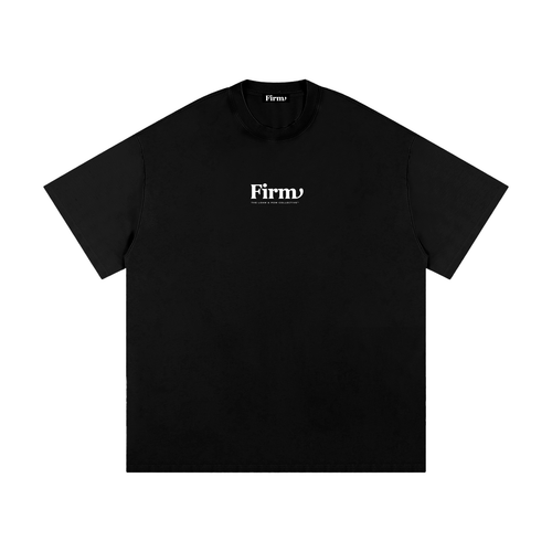 Black t-shirt with 'Firm' logo on a white background