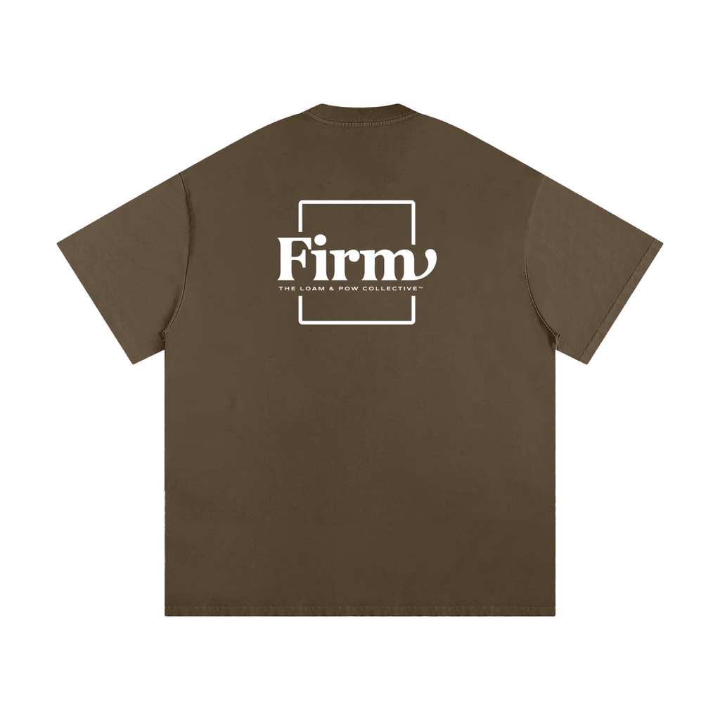 Brown t-shirt with 'Firm' logo on the back against a white background